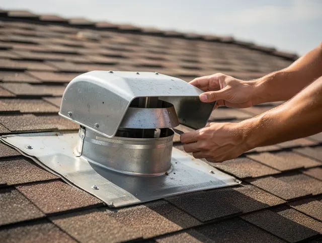 Norwell Dryer Vent Cleaning certified technician safely cleaning a roof-mounted dryer vent in Norwell