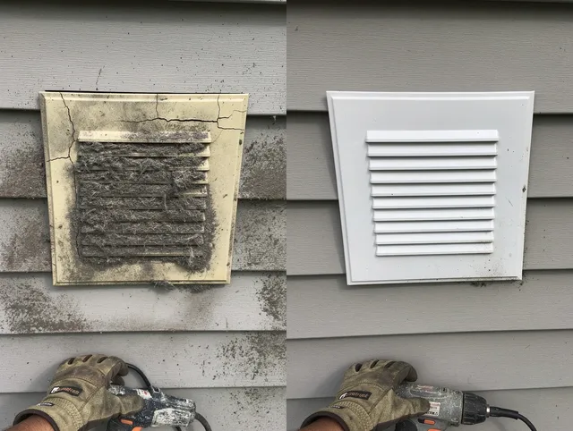 Norwell Dryer Vent Cleaning technician installing high-quality dryer vent cover at a residential property in Norwell